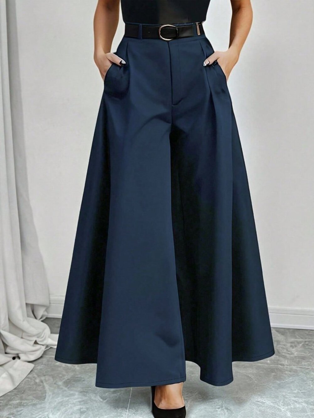 Navy Blue Elegant Women's Pocket Wide Leg Pants - Picture 3 of 3